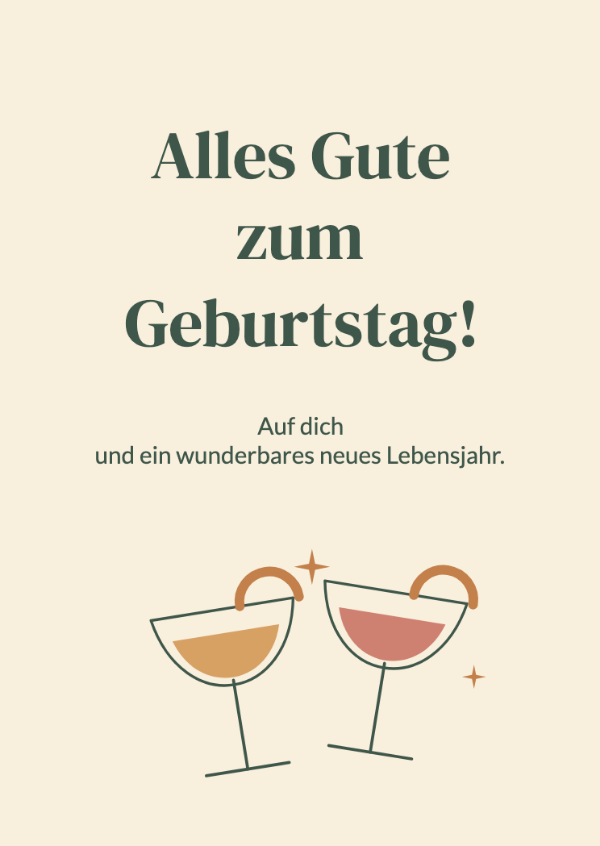 Ein Hoch auf dich: Zwei illustrierte Cocktailschalen, Zitruszesten und festliche Funken.