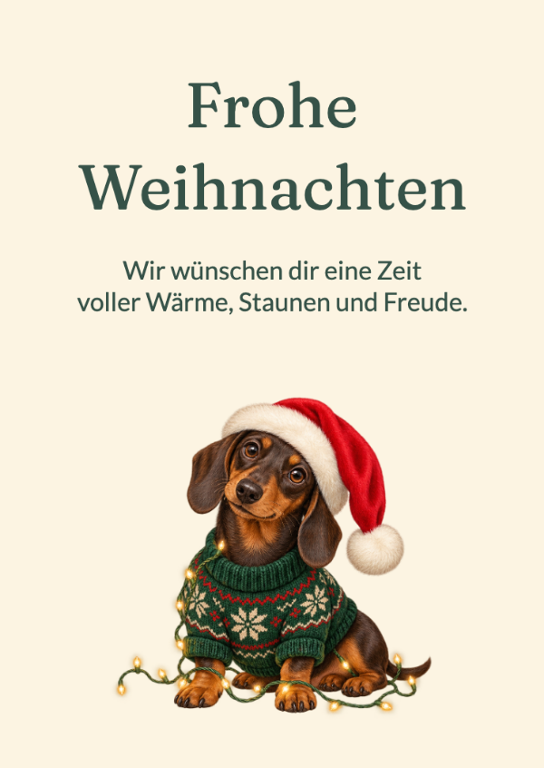 Der kleine Weihnachtsfrechdachs: Ein langohriger Hund im Strickpullover, verheddert in einer Lichterkette.