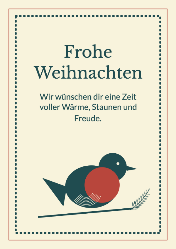 Ein Rotkehlchen in der Post: Ein klarer Zweifarbdruck mit Wintervogel und gezacktem Briefmarkenrand.