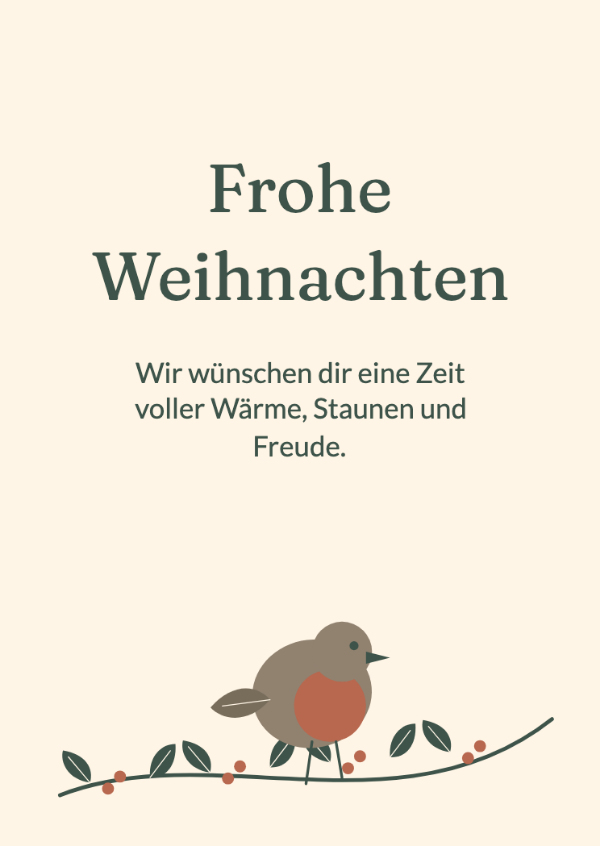 Ein Wintergast: Ein kleines Rotkehlchen auf einem illustrierten Stechpalmenzweig.