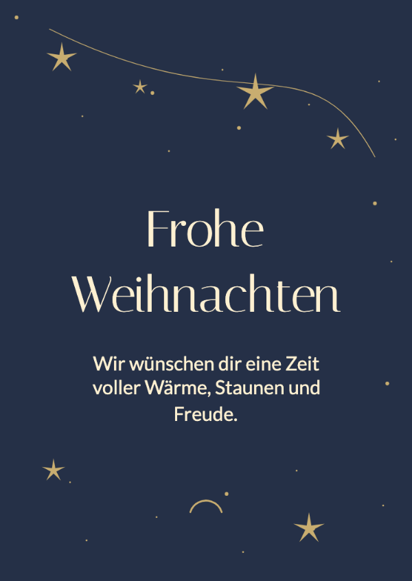 Eine Zeit voller Sternenlicht: Eine geschwungene Sternenspur und feine Linien auf Mitternachtsblau.