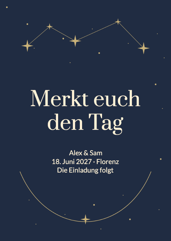In den Sternen geschrieben: Feine Sternbilder und warme cremefarbene Schrift auf Mitternachtsblau.