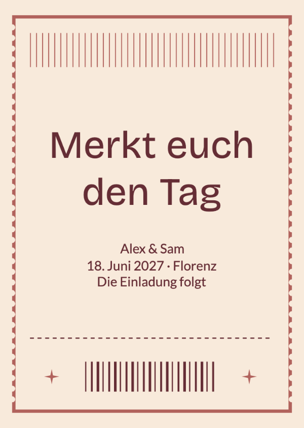 Eintritt für zwei: Eine Eintrittskarte zum Aufbewahren mit feinen Streifen, Perforationen und nostalgischem Charme.