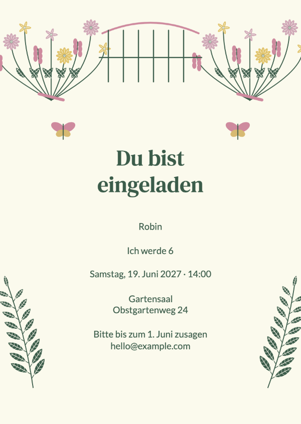 Ein Garten voller Wünsche: Detailreiche Blumen, Schmetterlinge und ein kleines Gartentor.