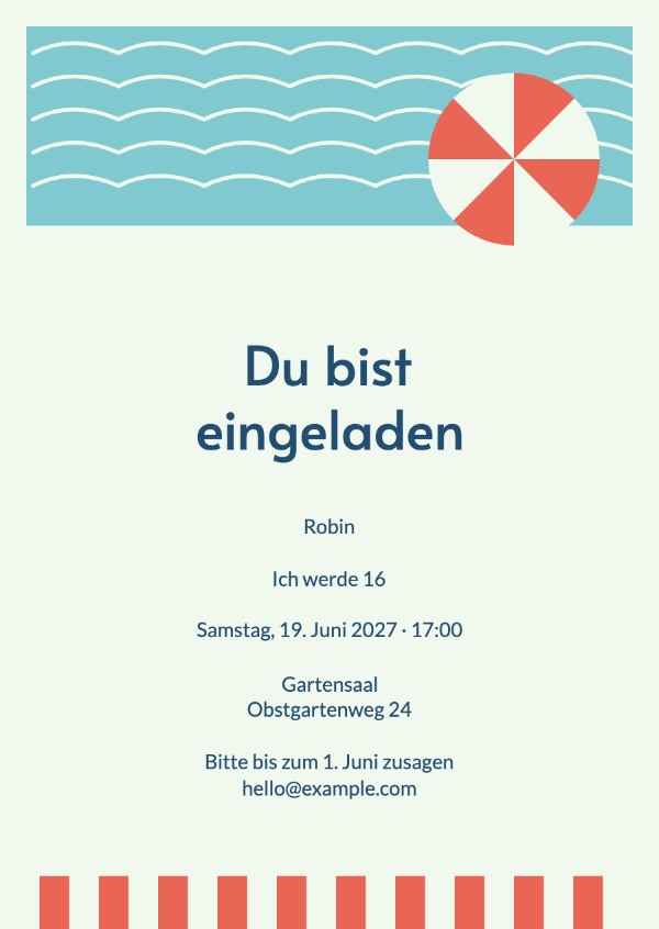 Der Poolclub: Ein grafischer Pool, ein gestreifter Sonnenschirm und frische Sommerfarben.