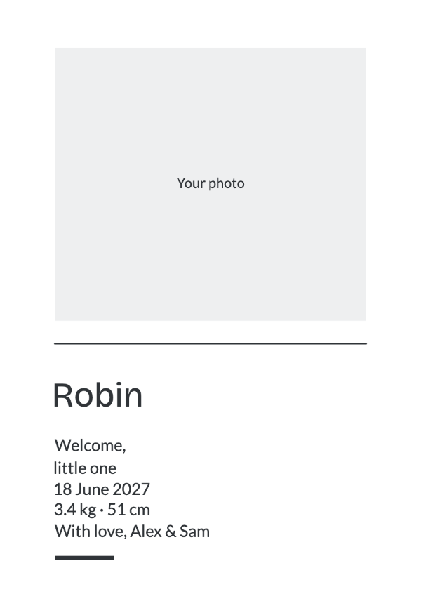 The little announcement: A narrow portrait, fine black rules and modern editorial lettering.