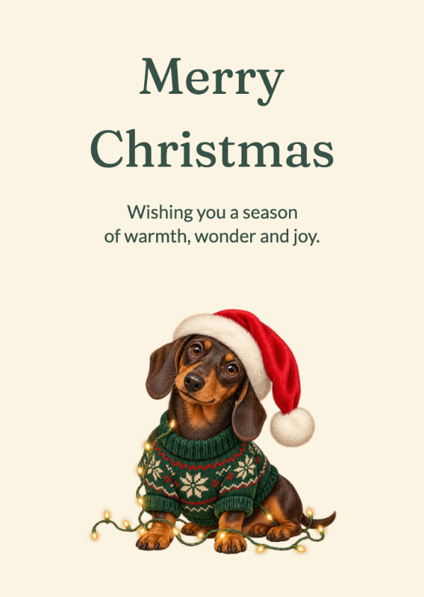 Santa’s little mischief: A long-eared dog in a knitted jumper, tangled in festive lights.