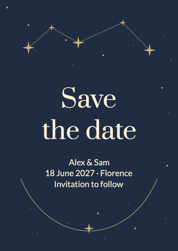 Written in the stars: Fine constellations and warm cream lettering on midnight blue.