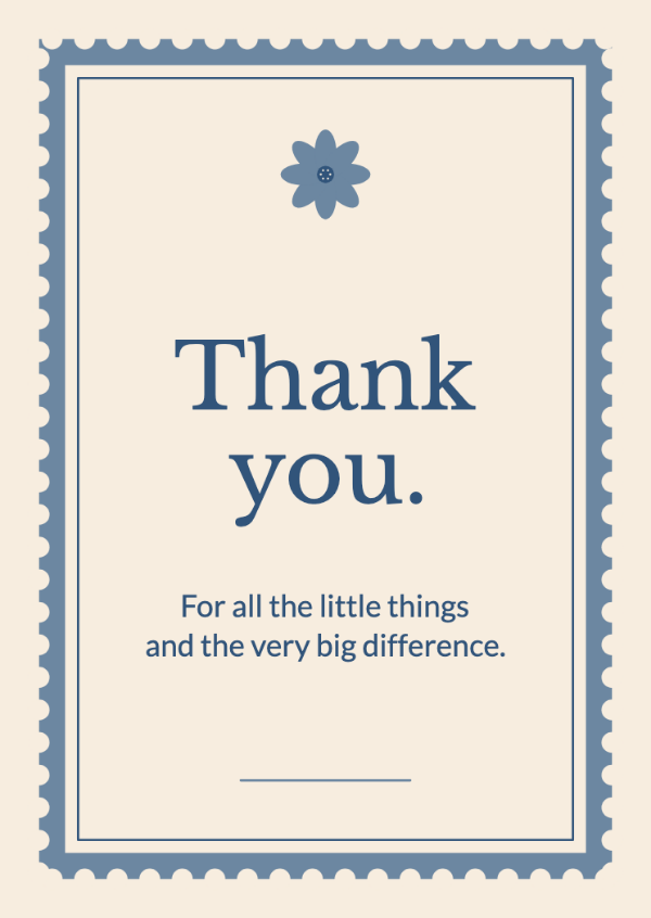 A grateful little letter: A scalloped postage-stamp frame with a tiny illustrated flower.