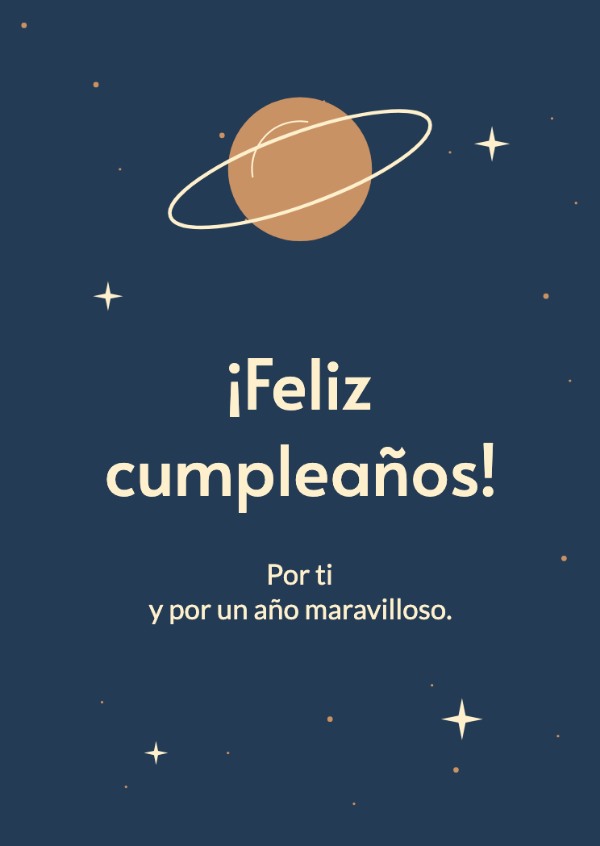 Otra vuelta al sol: Un planeta con anillos, órbitas y estrellas dispersas sobre azul profundo.