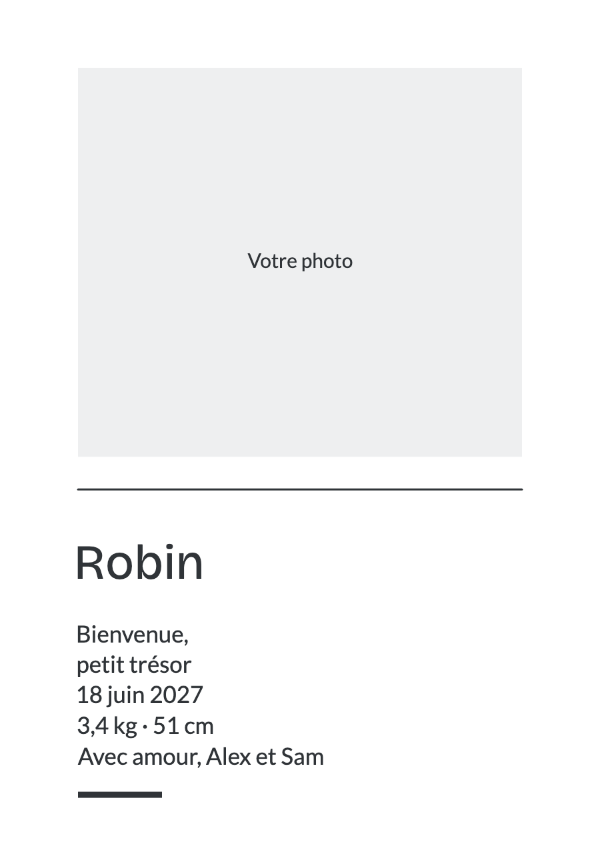 La petite annonce: Un portrait étroit, de fins filets noirs et une typographie éditoriale moderne.