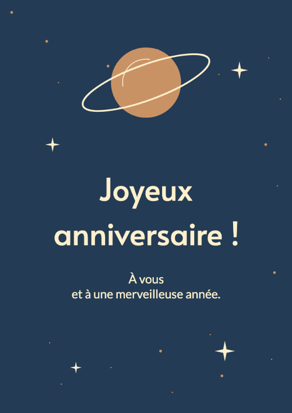 Un nouveau tour du soleil: Une planète à anneaux, des orbites et des étoiles éparses sur un bleu profond.
