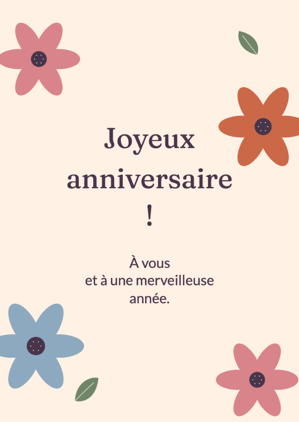 Fleurs d’anniversaire: De grandes fleurs en papier découpé, roses, orange et bleu bleuet.
