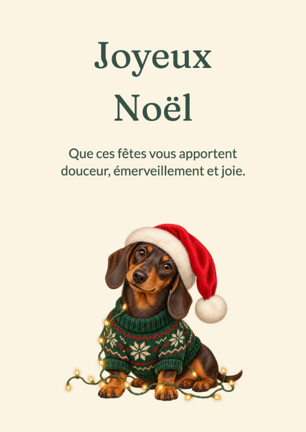 Le petit farceur du Père Noël: Un chien aux longues oreilles en pull tricoté, emmêlé dans les guirlandes lumineuses.