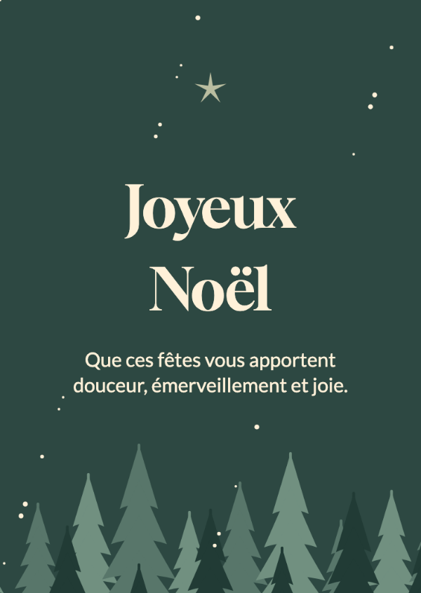 L’hiver en forêt: Des silhouettes de sapins superposées et une neige douce sur un fond vert forêt.
