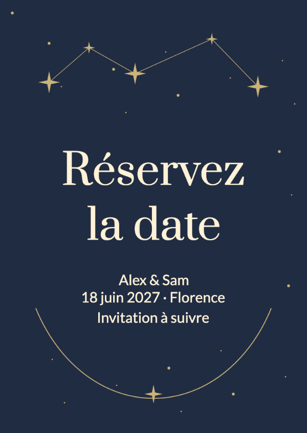 Écrit dans les étoiles: De fines constellations et des lettres crème sur un fond bleu nuit.