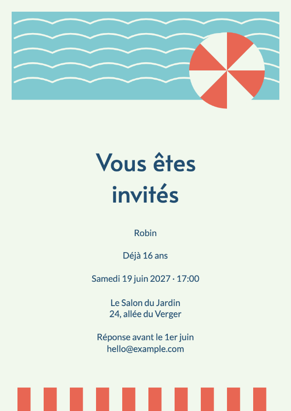 Le club de la piscine: Une piscine graphique, un parasol rayé et des couleurs estivales lumineuses.