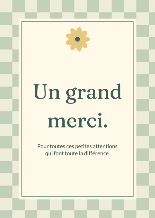 Le petit mot joyeux: Une bordure vichy, de joyeuses marguerites et une typographie à empattements pleine de fantaisie.