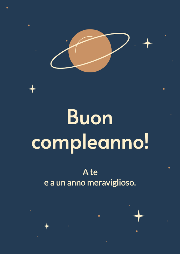 Un altro giro intorno al sole: Un pianeta con anelli, orbite e stelle sparse su un blu intenso.