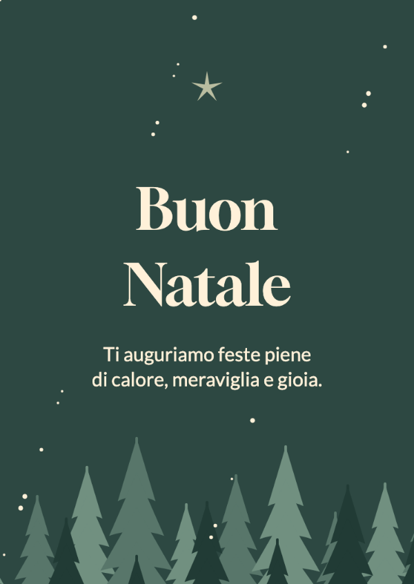 Inverno nel bosco: Sagome di abeti sovrapposte e neve leggera su un fondo verde bosco.