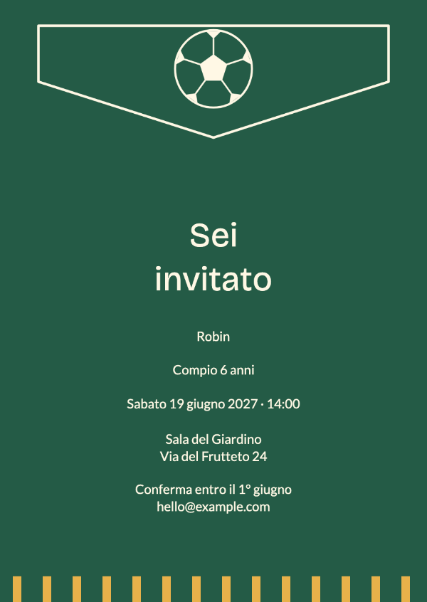 Il campionato del compleanno: Un vivace gagliardetto sportivo, un pallone illustrato e righe da stadio.