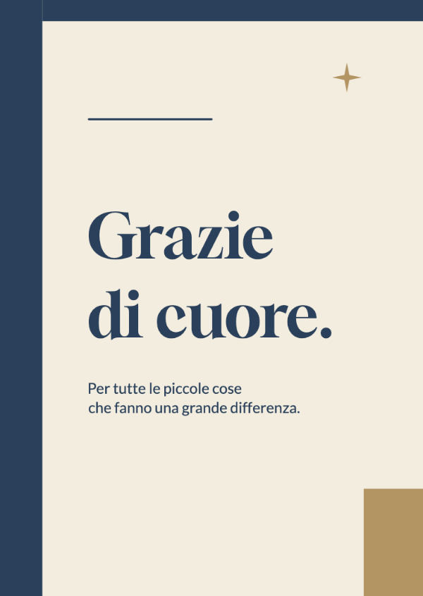 Un pensiero di riconoscenza: Un bordo asimmetrico blu inchiostro e una tipografia editoriale decisa.