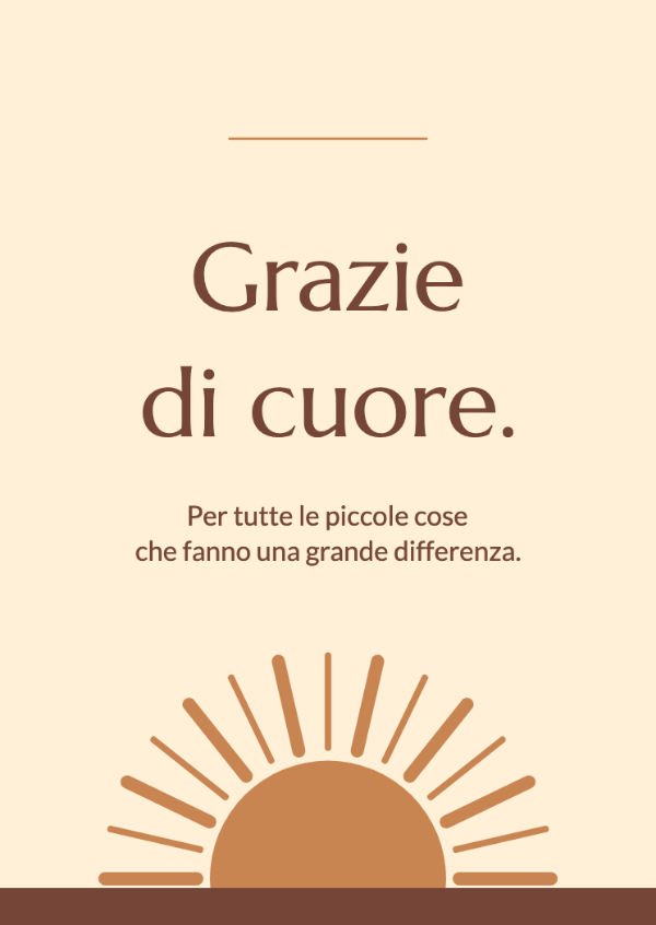 Porti tu il sole: Raggi di sole sovrapposti e curve in terracotta calda intorno a un messaggio pacato.