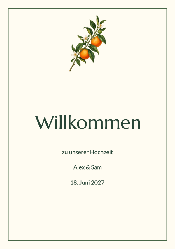 Zitrusgarten: Gemalte Orangen, elfenbeinfarbene Blüten und tiefgrüne Blätter, kombiniert mit der klassischen Marcellus-Schrift. Ein farbenfrohes Set für eine sonnige Gartenfeier.