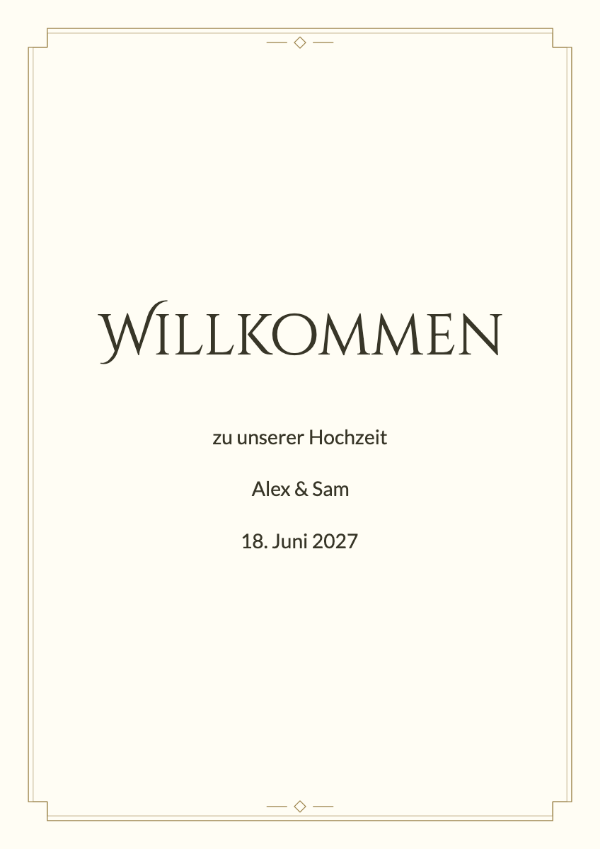 Champagner-Déco: Abgestufte geometrische Ecken und dekorative Großbuchstaben im Stil des Art déco.