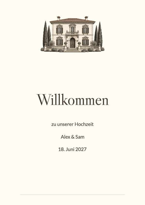 Italienische Villa: Eine gravierte italienische Villa, feine Caslon-Schrift und warmes Elfenbein. Die Architekturillustration prägt jedes Element und lässt großzügigen Raum um die Namen.