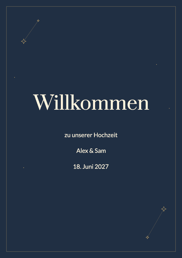 Mitternachtssterne: Tiefblauer Hintergrund, feine Sternbilder und cremefarbene Schrift für eine Hochzeit am Abend.