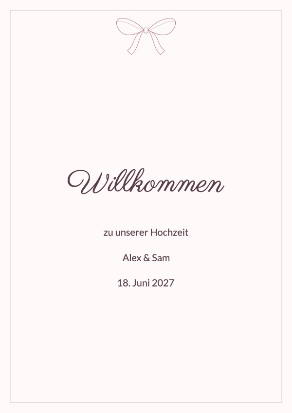 Seidenband: Eine gezeichnete Schleife und ein schmaler Rahmen mit ausdrucksstarken Namen in Schreibschrift.