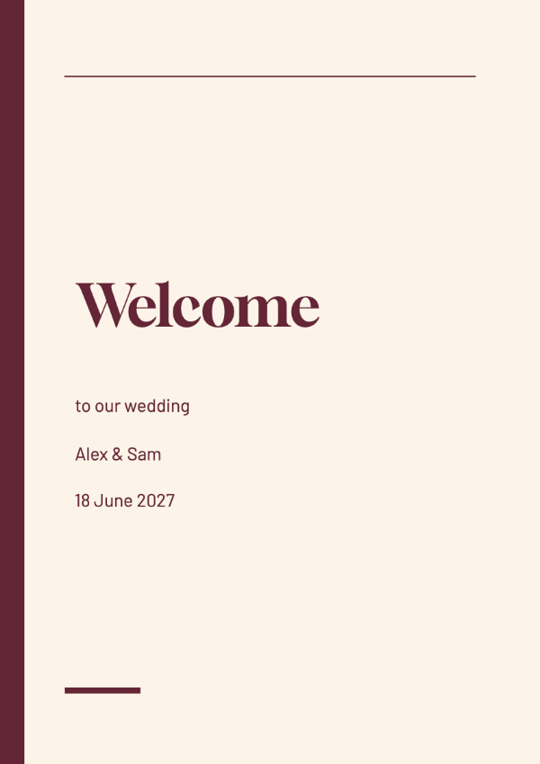 Burgundy editorial: Sculptural serif names, asymmetric spacing and rich burgundy panels. An expressive editorial layout with clean, understated supporting text.