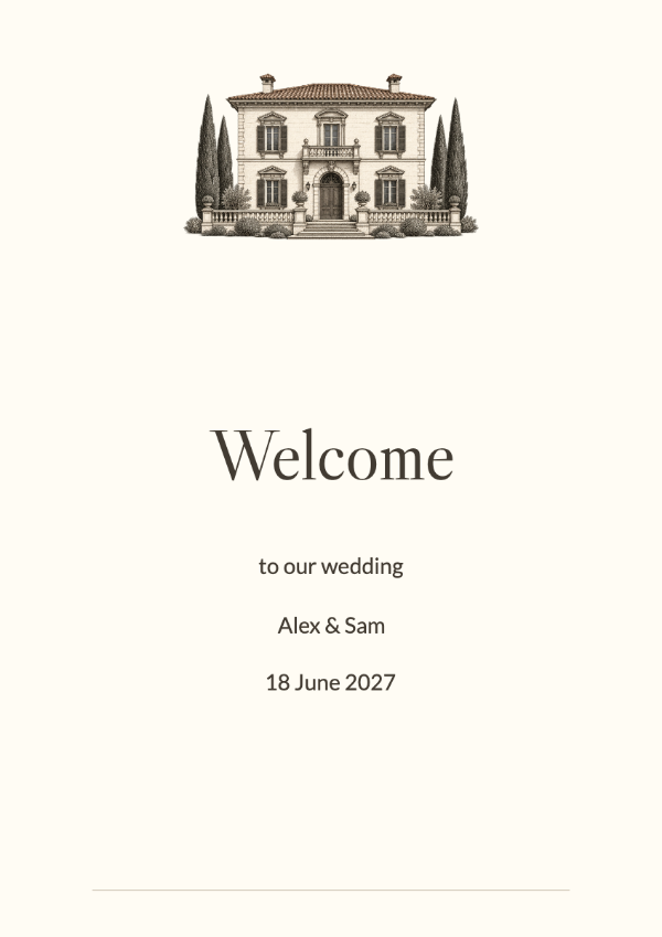 Italian estate: An engraved Italian villa, delicate Caslon lettering and warm ivory. Architectural artwork anchors each piece, with generous space around the names.