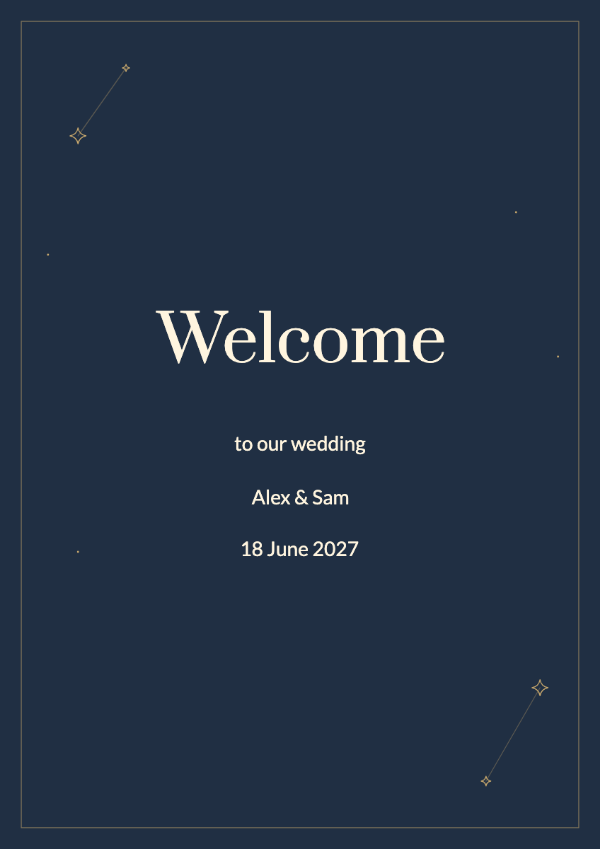 Midnight stars: A deep blue ground, fine constellations and cream lettering for an evening wedding.