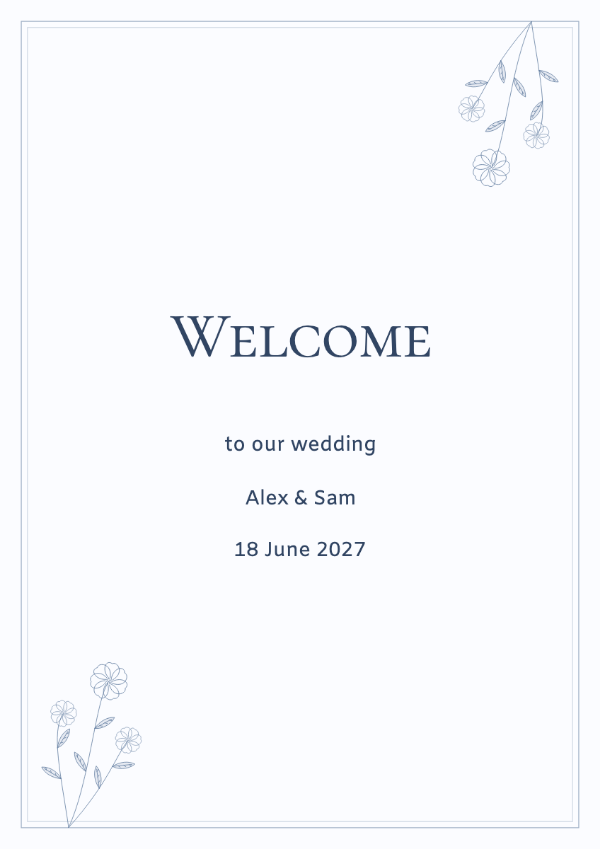 Something blue: Blue floral linework and a delicate frame with traditional small capitals.