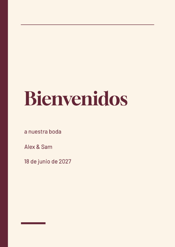 Burdeos editorial: Nombres en una tipografía serif de formas marcadas, espacios asimétricos y paneles de un burdeos intenso. Un diseño editorial expresivo con textos secundarios claros y discretos.