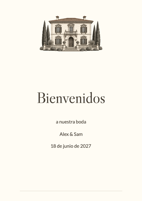 Villa italiana: Una villa italiana grabada, delicadas letras Caslon y un marfil cálido. La ilustración arquitectónica da carácter a cada pieza y deja un espacio generoso alrededor de los nombres.