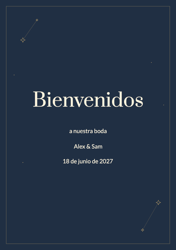 Estrellas de medianoche: Fondo azul intenso, constelaciones delicadas y letras color crema para una boda de noche.