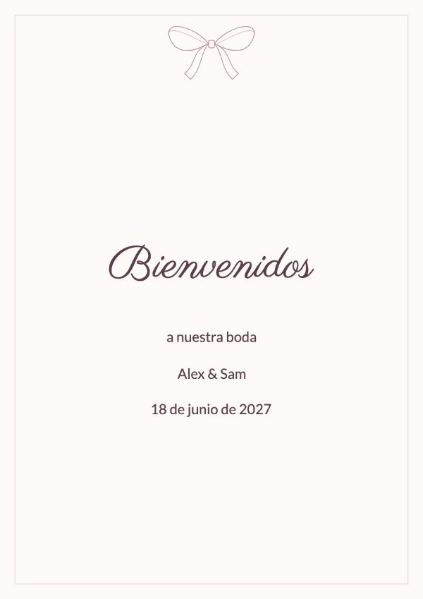 Cinta de seda: Un lazo dibujado y un borde fino acompañan nombres con un trazo manuscrito expresivo.