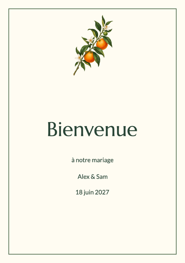 Jardin d’agrumes: Des oranges peintes, des fleurs ivoire et un feuillage vert profond associés aux lettres classiques de Marcellus. Un ensemble coloré pour une fête au jardin.