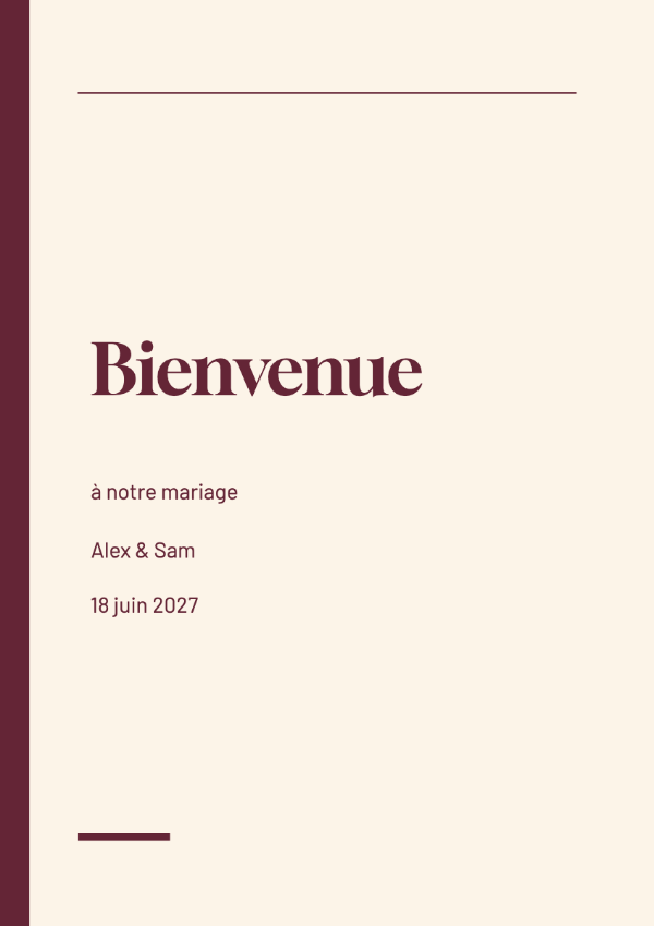 Bordeaux éditorial: Des prénoms en caractères à empattements sculpturaux, des espaces asymétriques et des aplats bordeaux. Une mise en page éditoriale expressive aux textes secondaires sobres et nets.