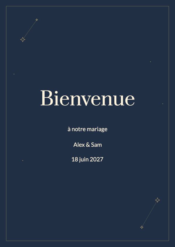 Étoiles de minuit: Un fond bleu profond, de fines constellations et des lettres crème pour un mariage en soirée.