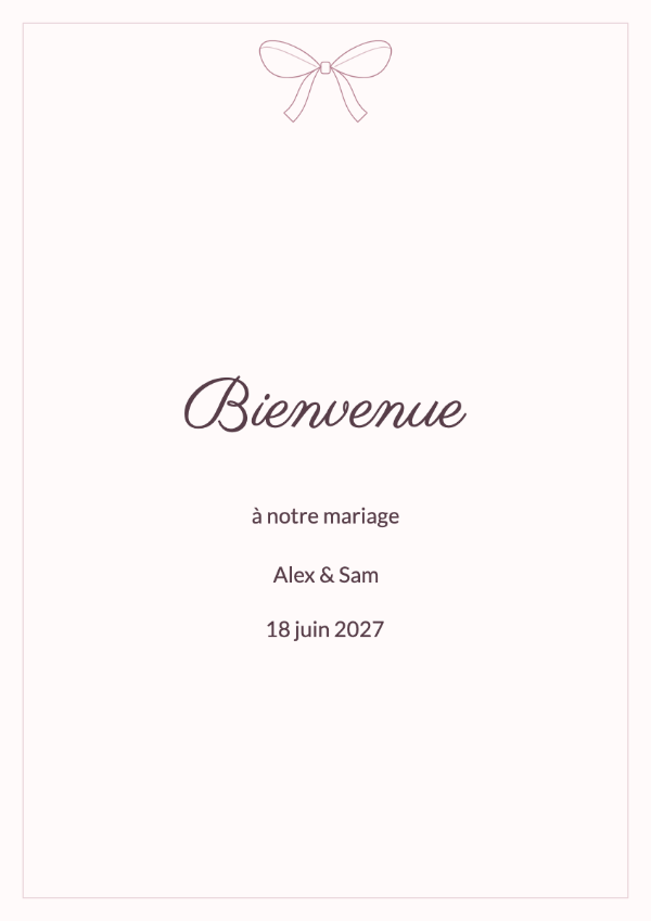 Ruban de soie: Un nœud de ruban dessiné et un cadre fin accompagnent des prénoms à l’écriture expressive.