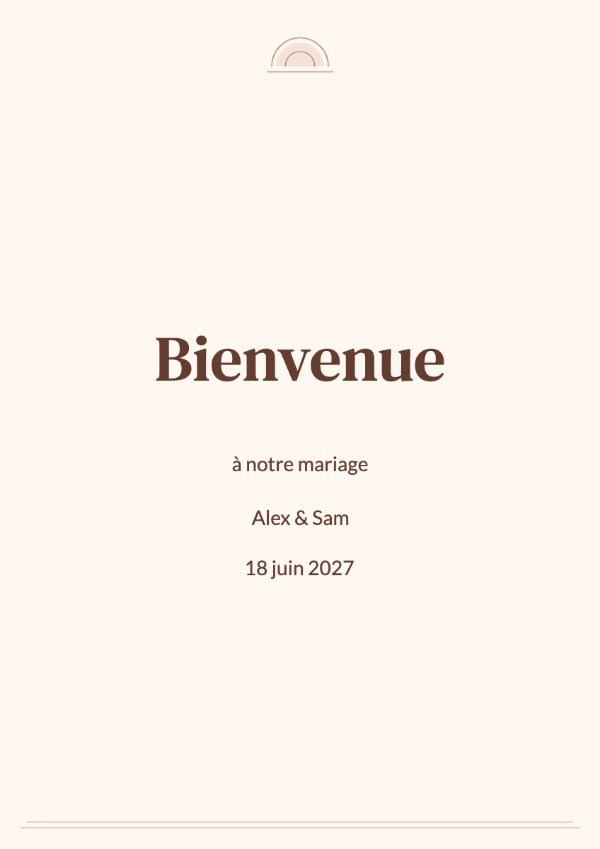 Soleil terracotta: Des arcs inspirés du soleil et des bordures couleur argile avec des prénoms en caractères à empattements affirmés.