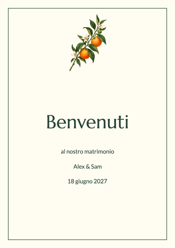 Agrumeto: Arance dipinte, fiori color avorio e foglie verde intenso, abbinati ai caratteri classici di Marcellus. Un coordinato vivace per una festa in giardino.