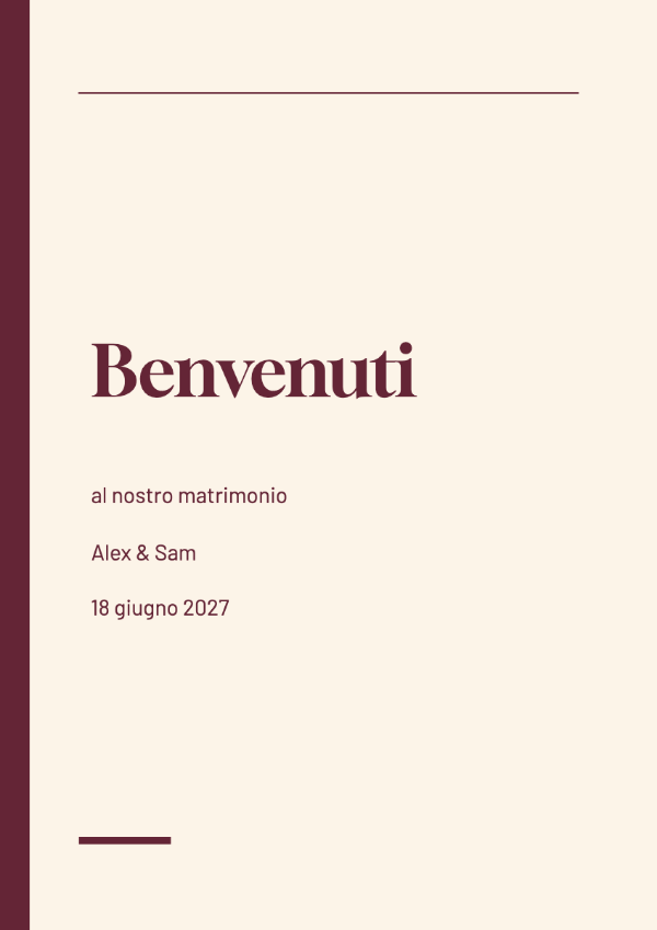 Editoriale bordeaux: Nomi in caratteri con grazie dalle forme decise, spazi asimmetrici e riquadri bordeaux intenso. Un’impaginazione editoriale espressiva con testi di dettaglio essenziali e discreti.