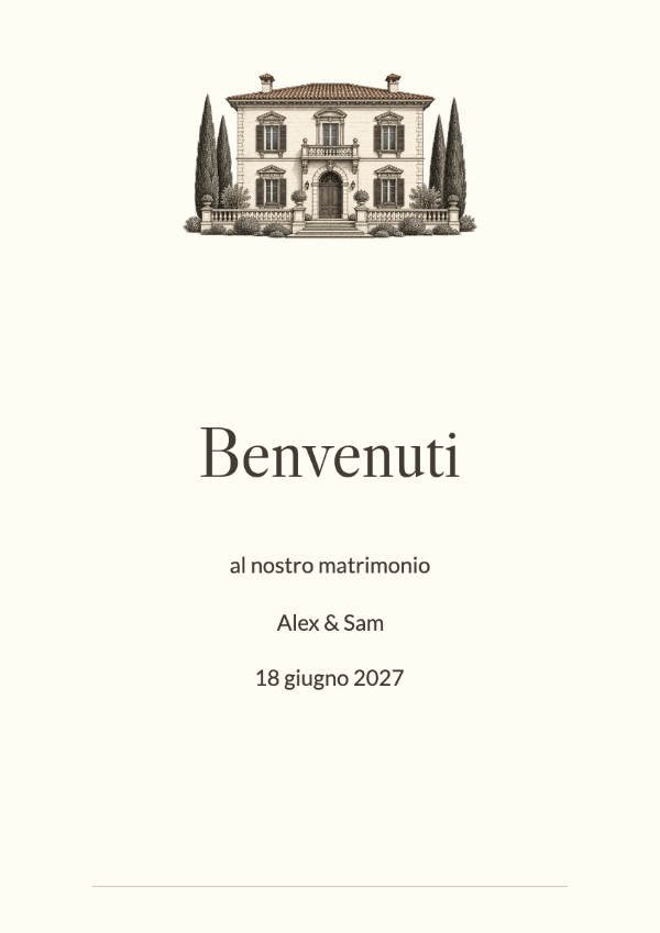 Villa italiana: Una villa italiana incisa, eleganti caratteri Caslon e un caldo avorio. L’illustrazione architettonica caratterizza ogni elemento, lasciando ampio spazio intorno ai nomi.