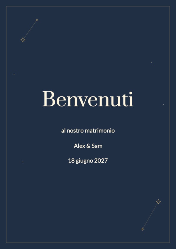 Stelle di mezzanotte: Fondo blu intenso, costellazioni sottili e scritte color crema per un matrimonio serale.