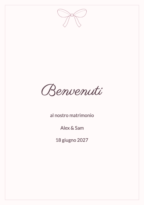 Nastro di seta: Un fiocco disegnato e una cornice sottile accompagnano nomi dal tratto espressivo e corsivo.